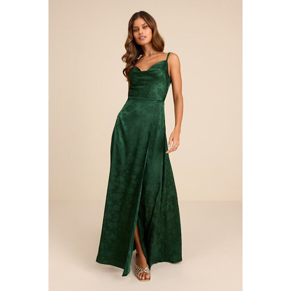 Lulus Dresses & Skirts - Lulus Simply Dreamy Emerald Green Satin Floral Jacquard Maxi Dress - Size L
